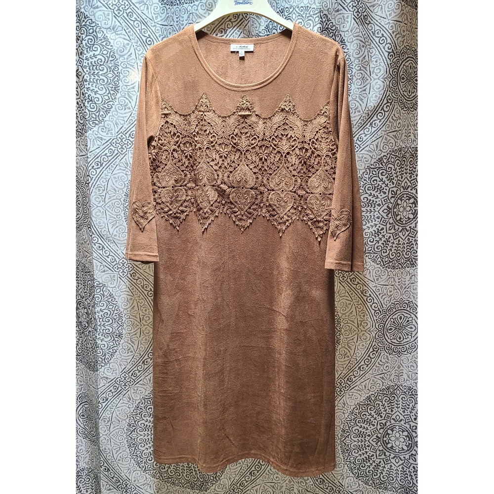 Back In The Saddle Dress Women XL Brown Faux Suede Crochet Lace Heart Accent